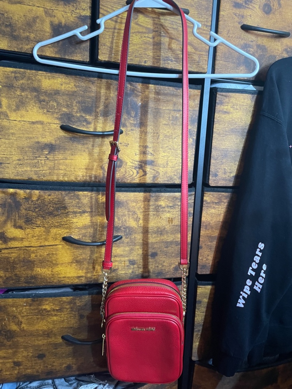 Michael Kors Red Leather Crossbody with Gold Chain Accents